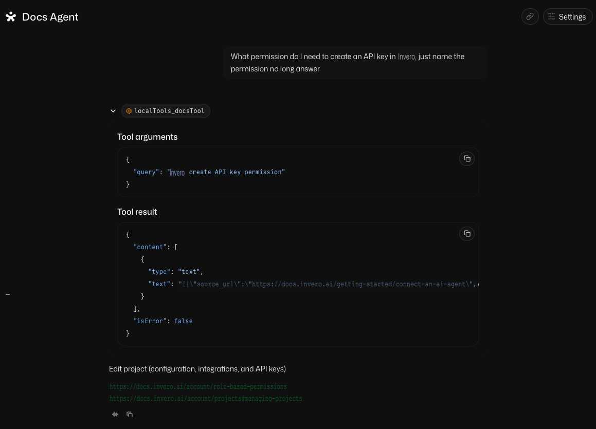Mastra Studio chat with the Docs Agent: an expanded localTools_docsTool call showing the search query the agent sent, the returned passages with source URLs, and a short answer ending in two documentation links