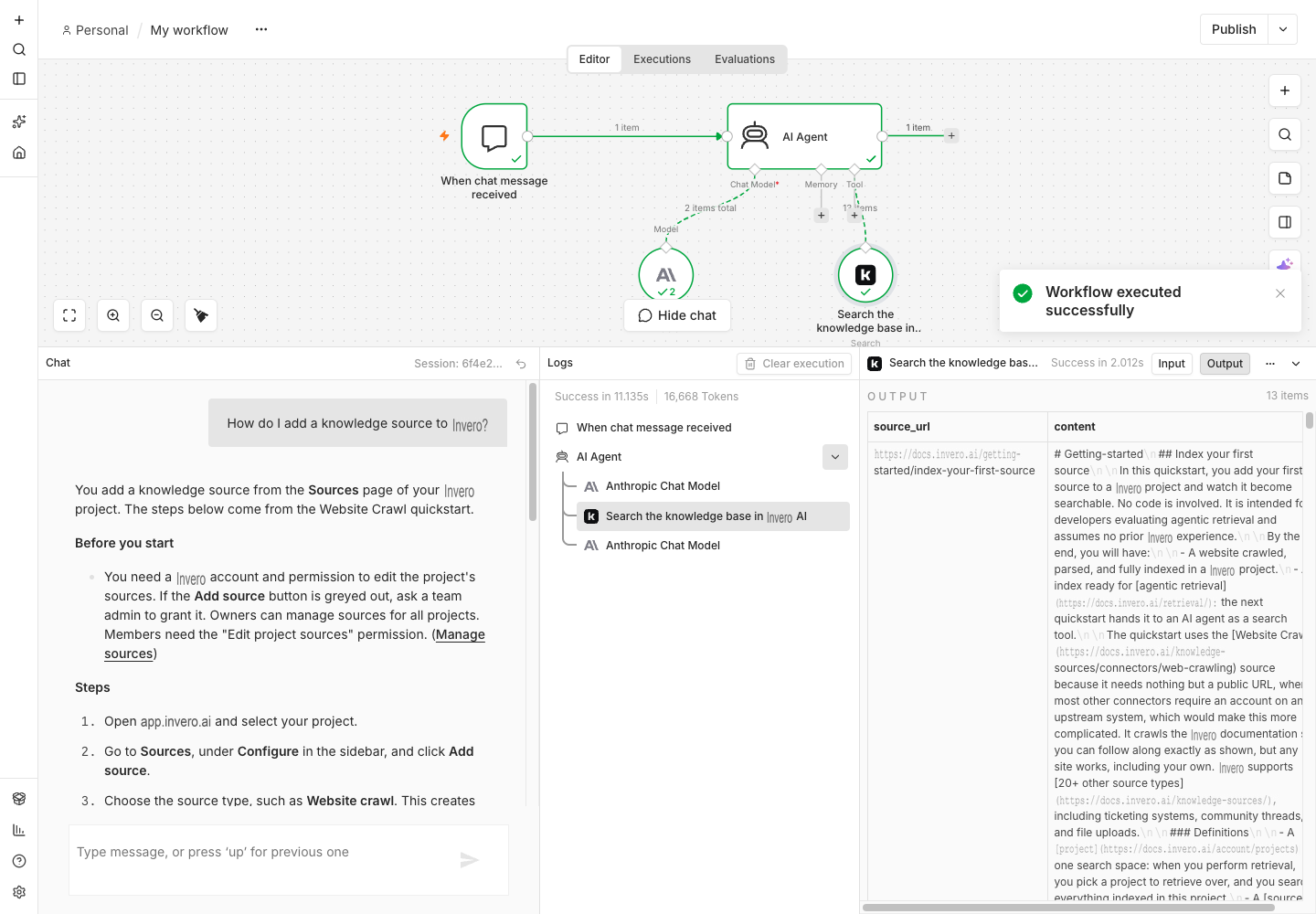 The n8n chat and Logs panel showing the agent calling the Invero AI search tool and answering from its results
