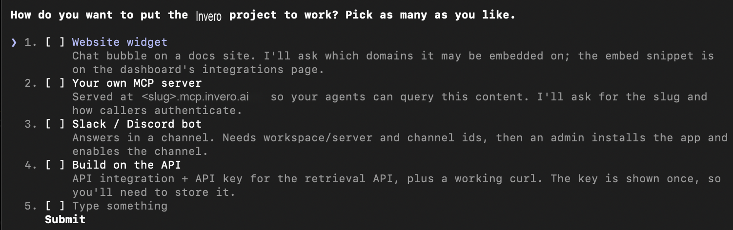 The agent asking how to deploy the project, with options for a website widget, an MCP server, a Slack or Discord bot, and building on the API
