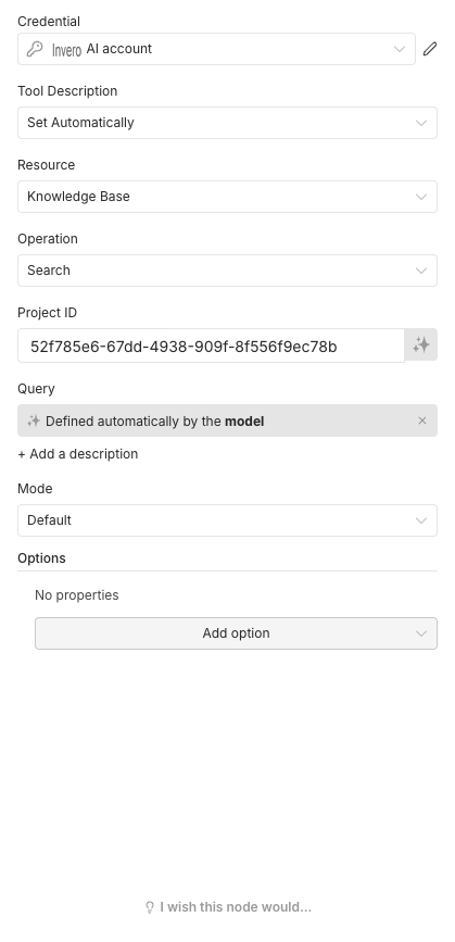 The Invero AI search tool with a fixed project and Query defined by the model