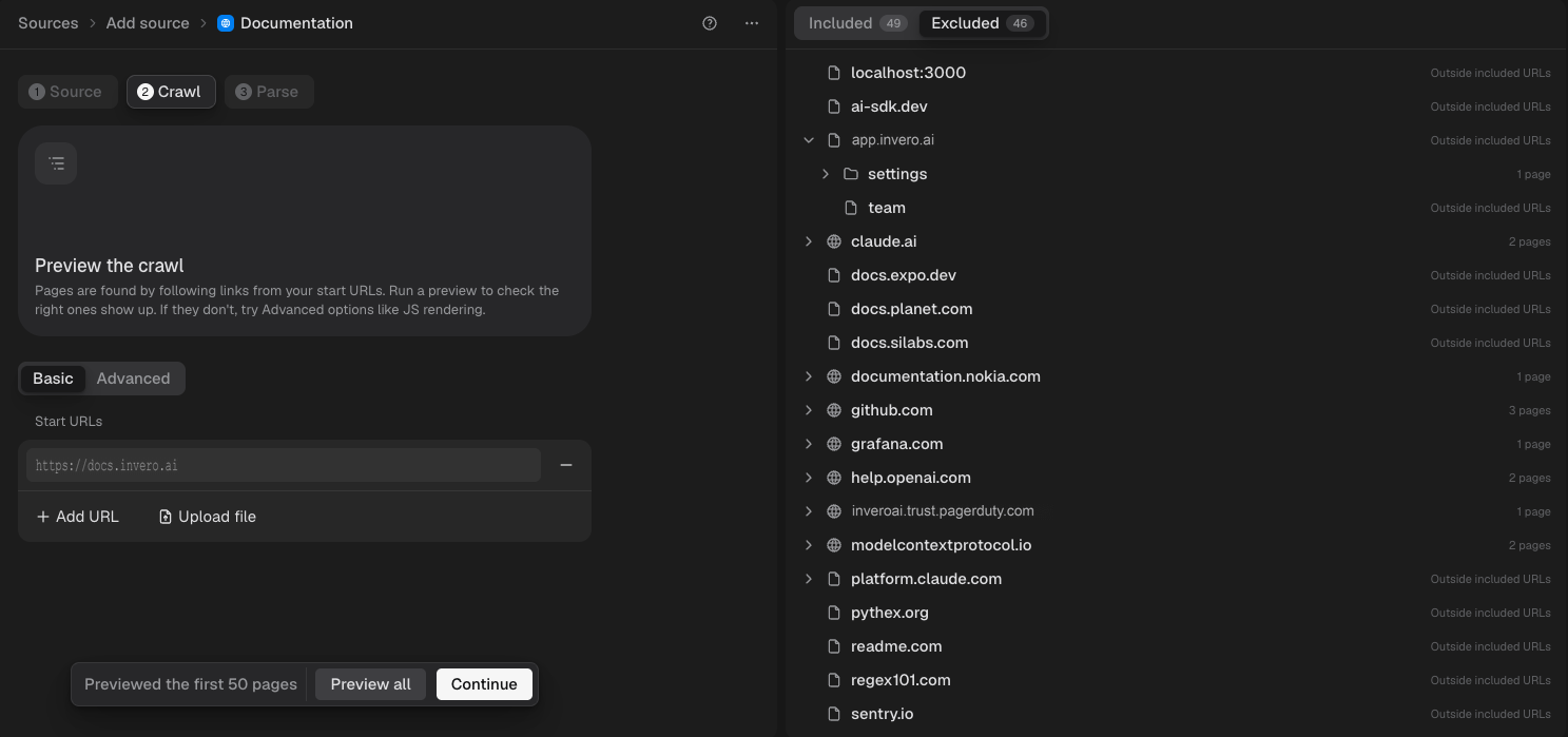 The Excluded tab of the crawl preview, each page with the reason it was left out