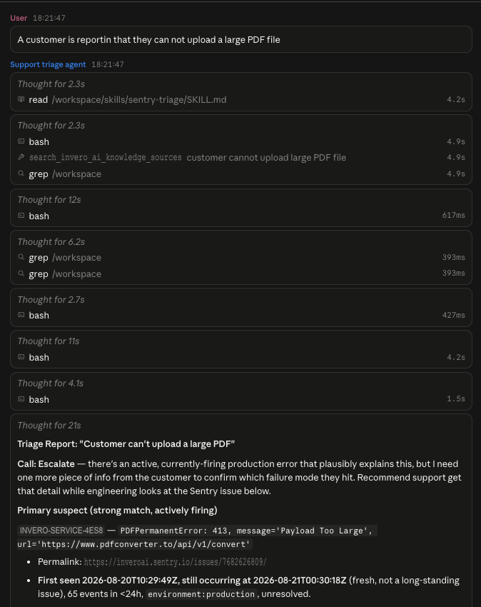 A session in the Anthropic Console: a user reports that a customer cannot upload a large PDF, the Support triage agent reads the sentry-triage skill, runs bash, knowledge search, and grep calls in parallel, and ends with a triage report whose call is Escalate, citing an actively firing Sentry issue with a 413 Payload Too Large error, its permalink, and first-seen timing