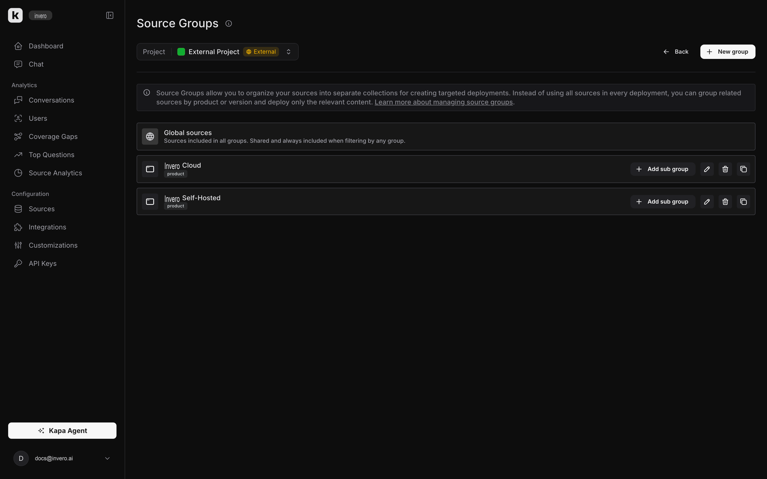 Source groups management on the Invero platform