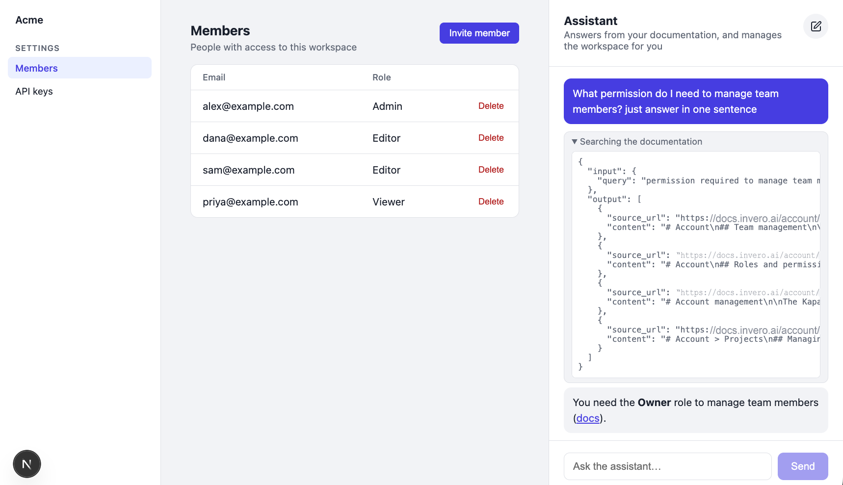 The assistant answering a question from the documentation, with the search step expanded showing the query and the returned chunks with their source URLs