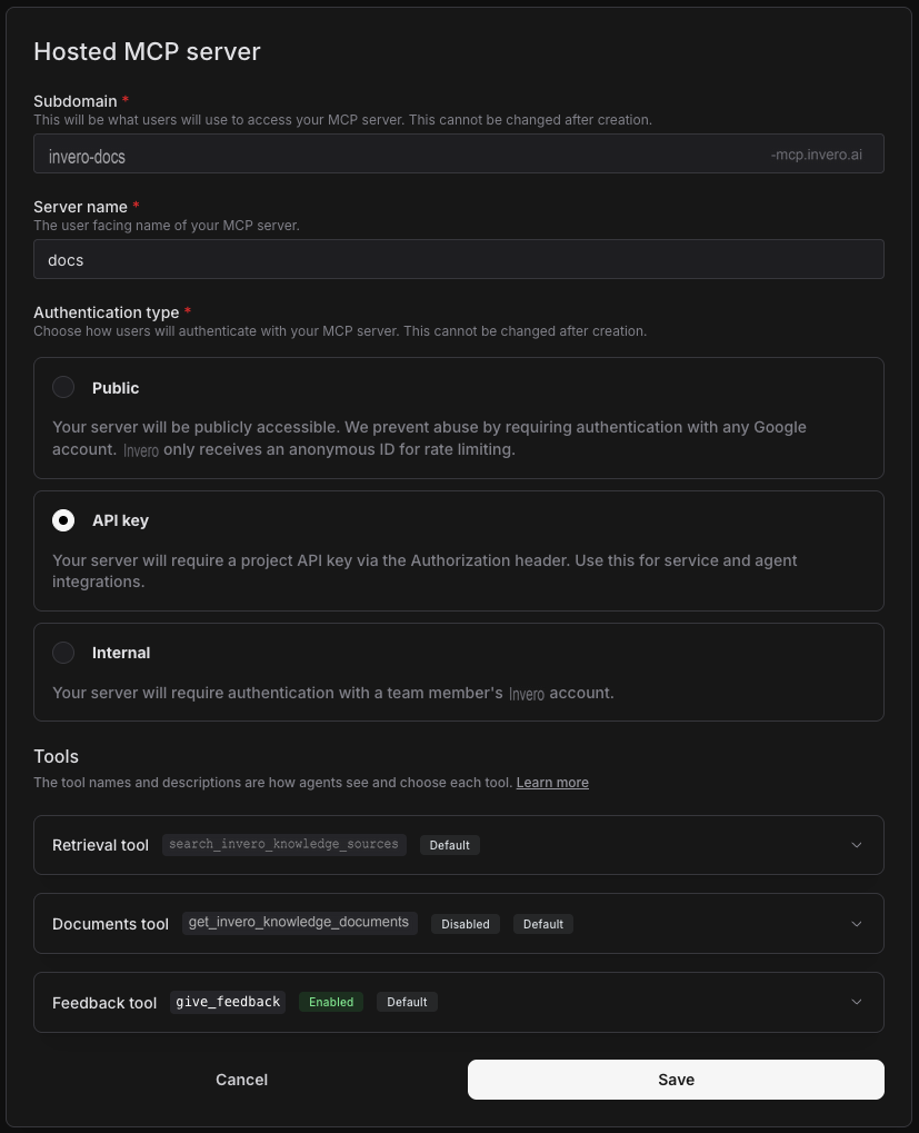 Hosted MCP server creation form with API key authentication selected