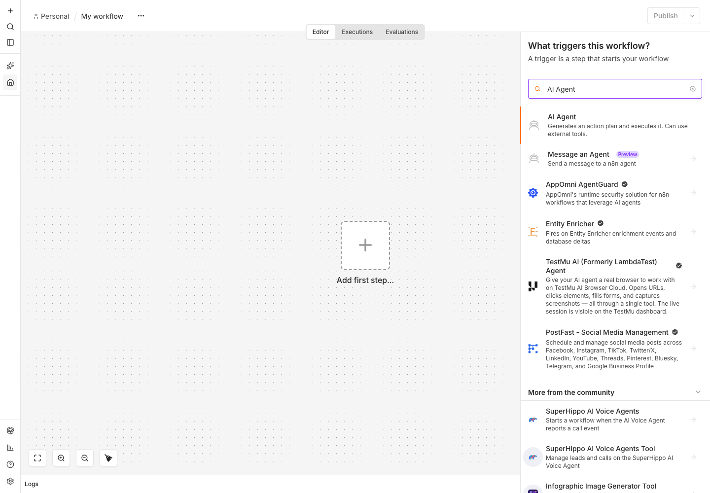 The n8n first-step panel with AI Agent in the search results
