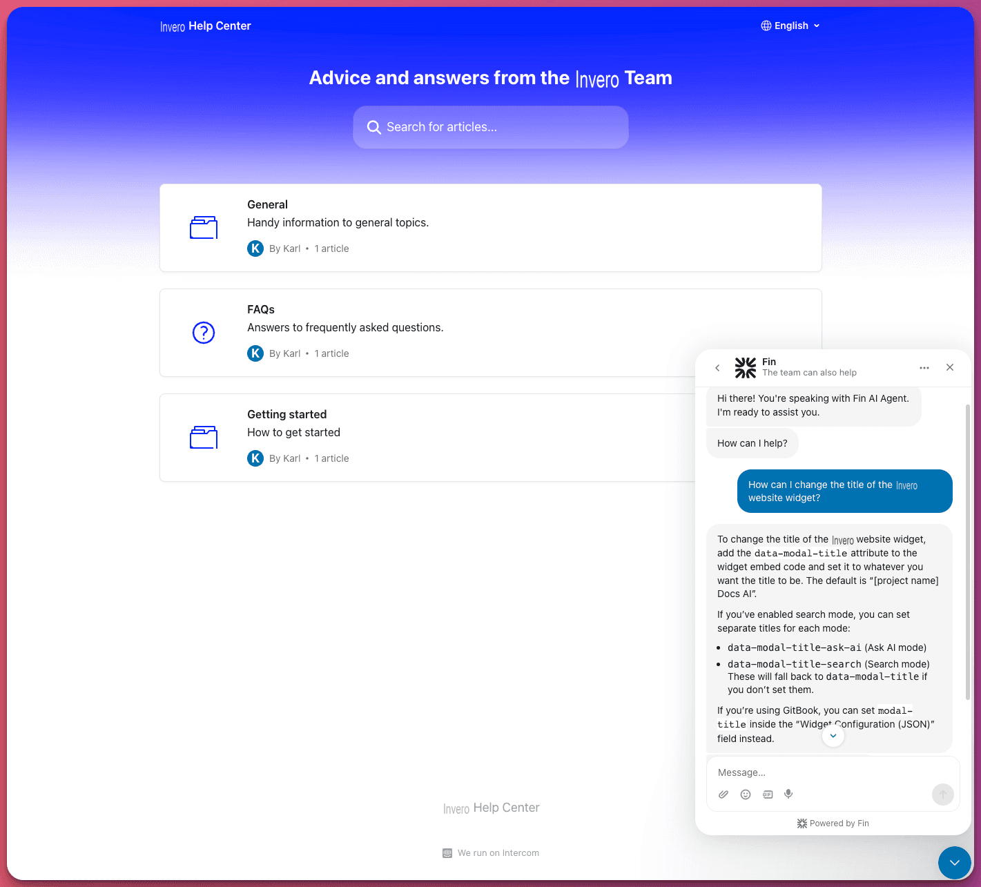Fin messenger on a help center answering a product question with content retrieved from Invero