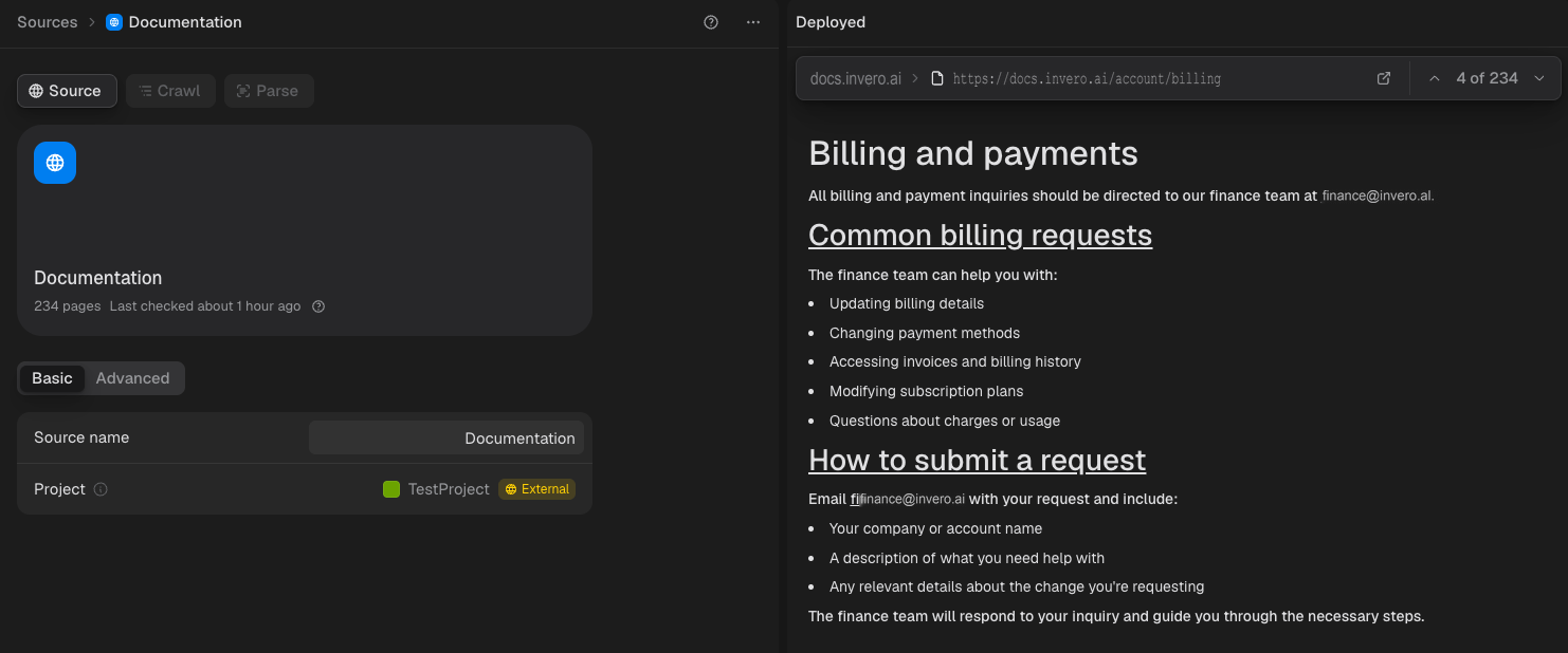 A deployed page opened from the tree, showing its content as indexed