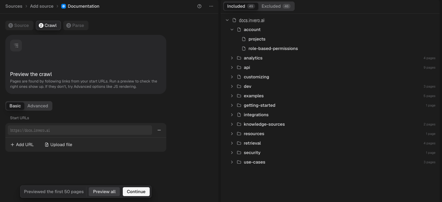 The Crawl step with a completed preview showing the Included tab, pages grouped by URL path