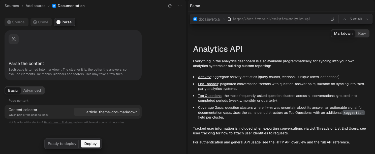 The Parse step with a content selector and the resulting Markdown preview
