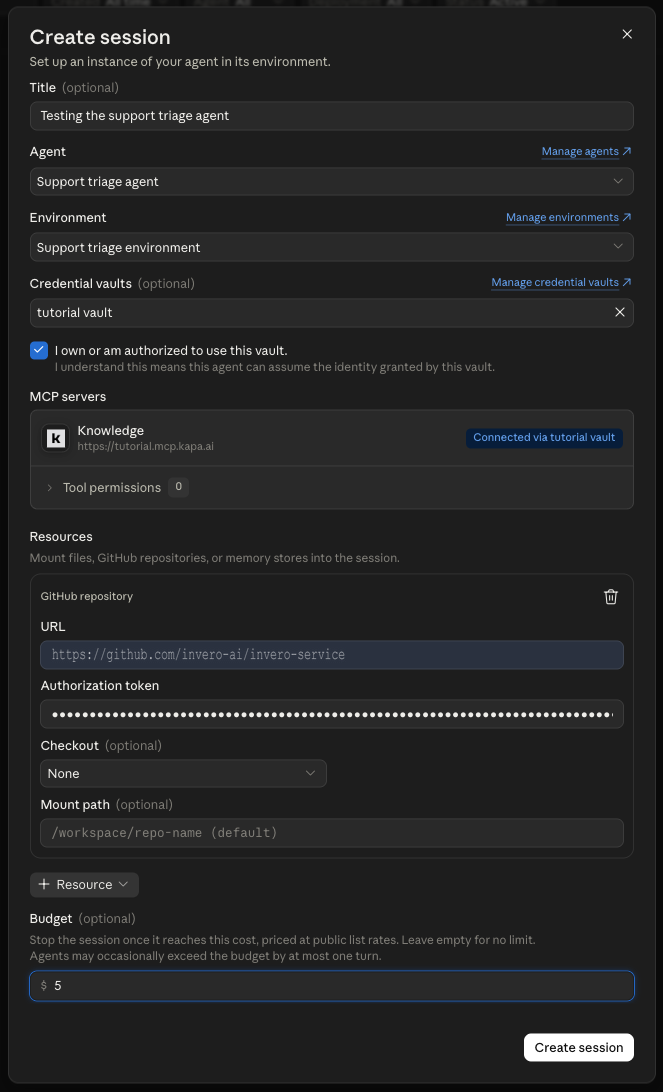 The Create session modal in the Anthropic Console: a session title, the Support triage agent and its environment selected, an attached credential vault with an acknowledgement checkbox, the Knowledge MCP server marked Connected via tutorial vault, a GitHub repository resource with URL and authorization token, and a five dollar budget