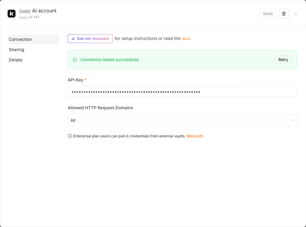 The Invero AI API credential form in n8n with the API Key field