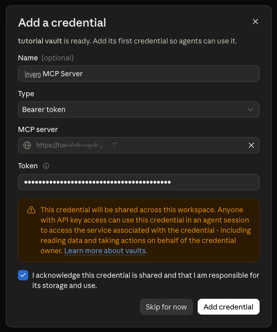 The Add a credential modal in the Anthropic Console: type Bearer token, an MCP server URL field with a Invero hosted MCP server address, a masked token field, and an acknowledgement checkbox for workspace sharing
