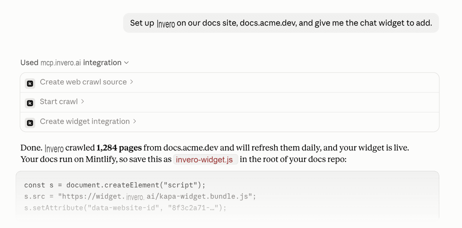 Claude using Invero MCP to crawl a docs site, create a widget and return the Mintlify install snippet