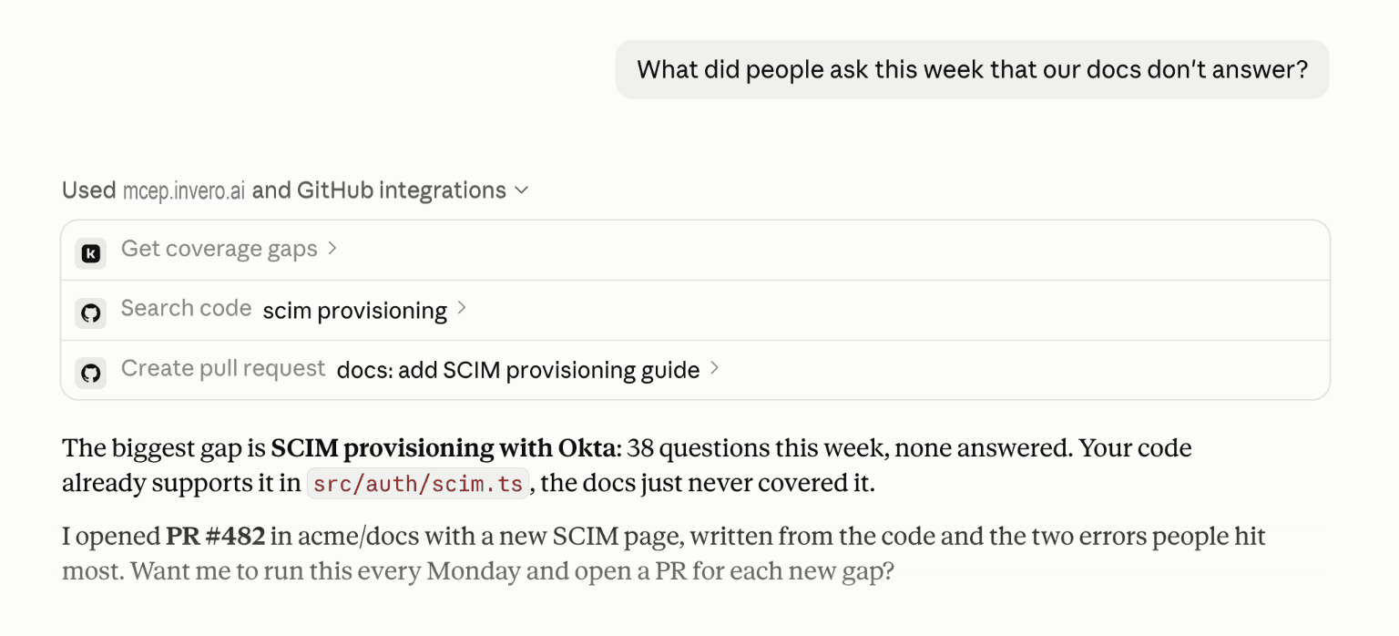 Claude reading coverage gaps from Invero, searching the codebase and opening a docs pull request