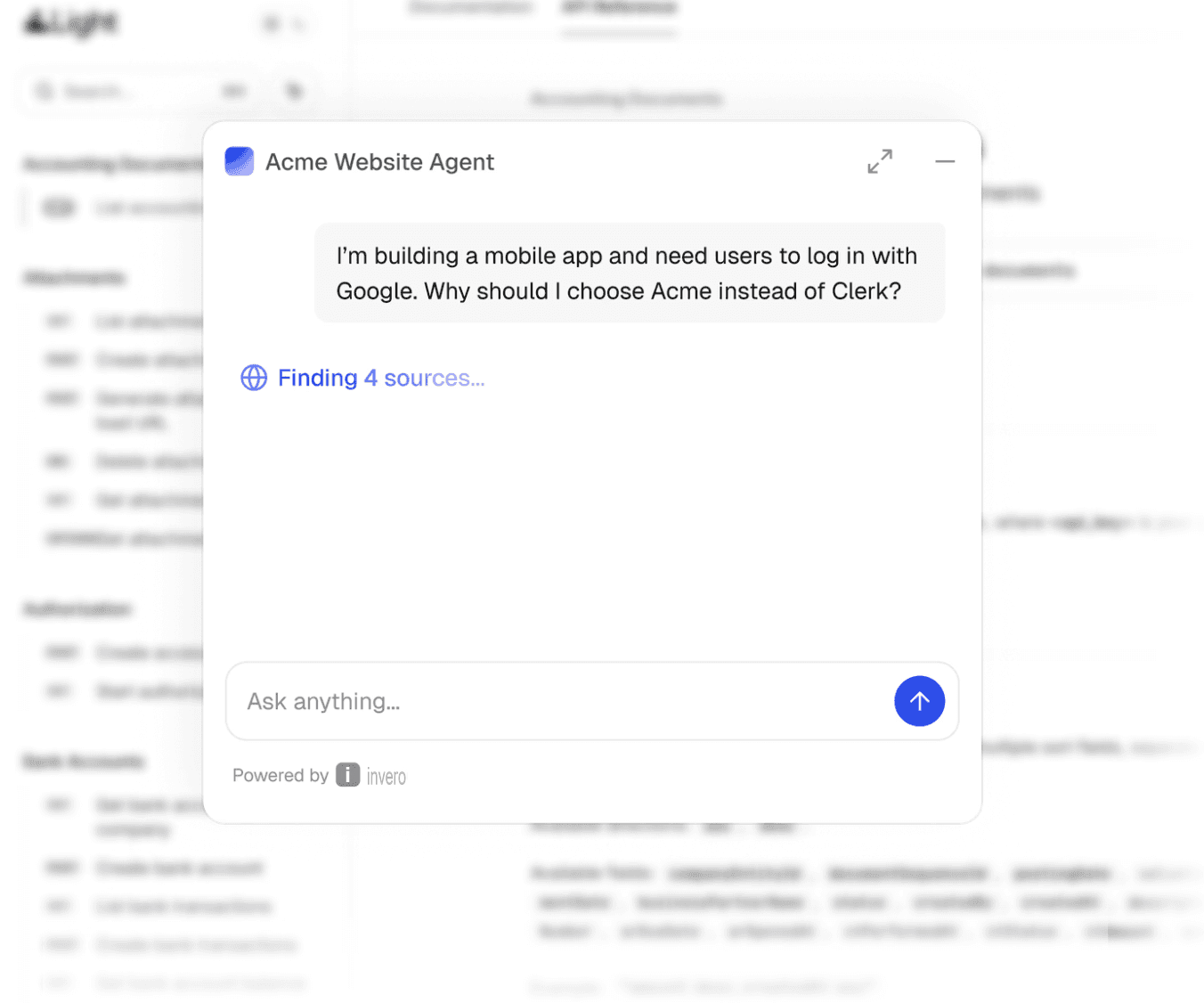 Invero website widget that lives on-top of a documentation platform