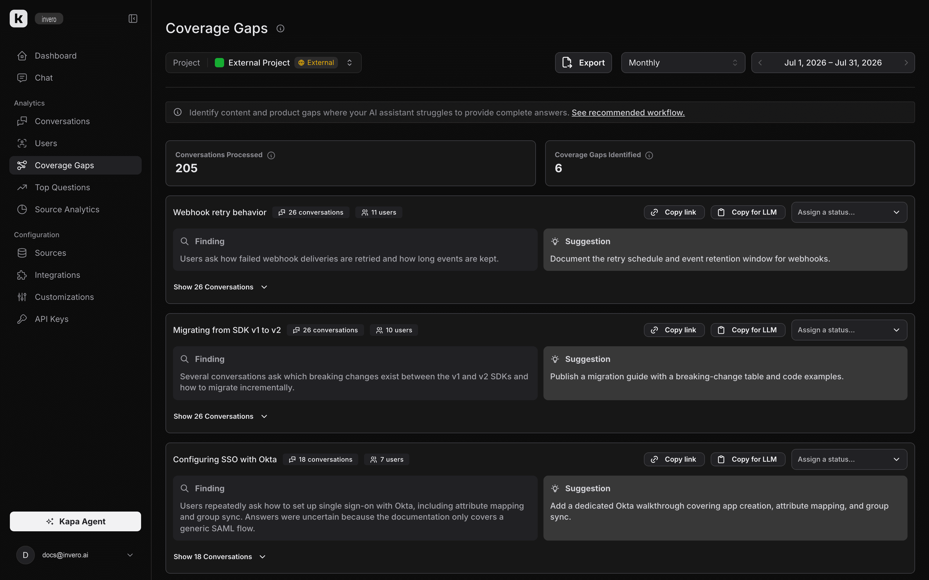 invero.ai Coverage Gaps screen showing uncertain answers grouped into topics, each with a finding and a recommendation