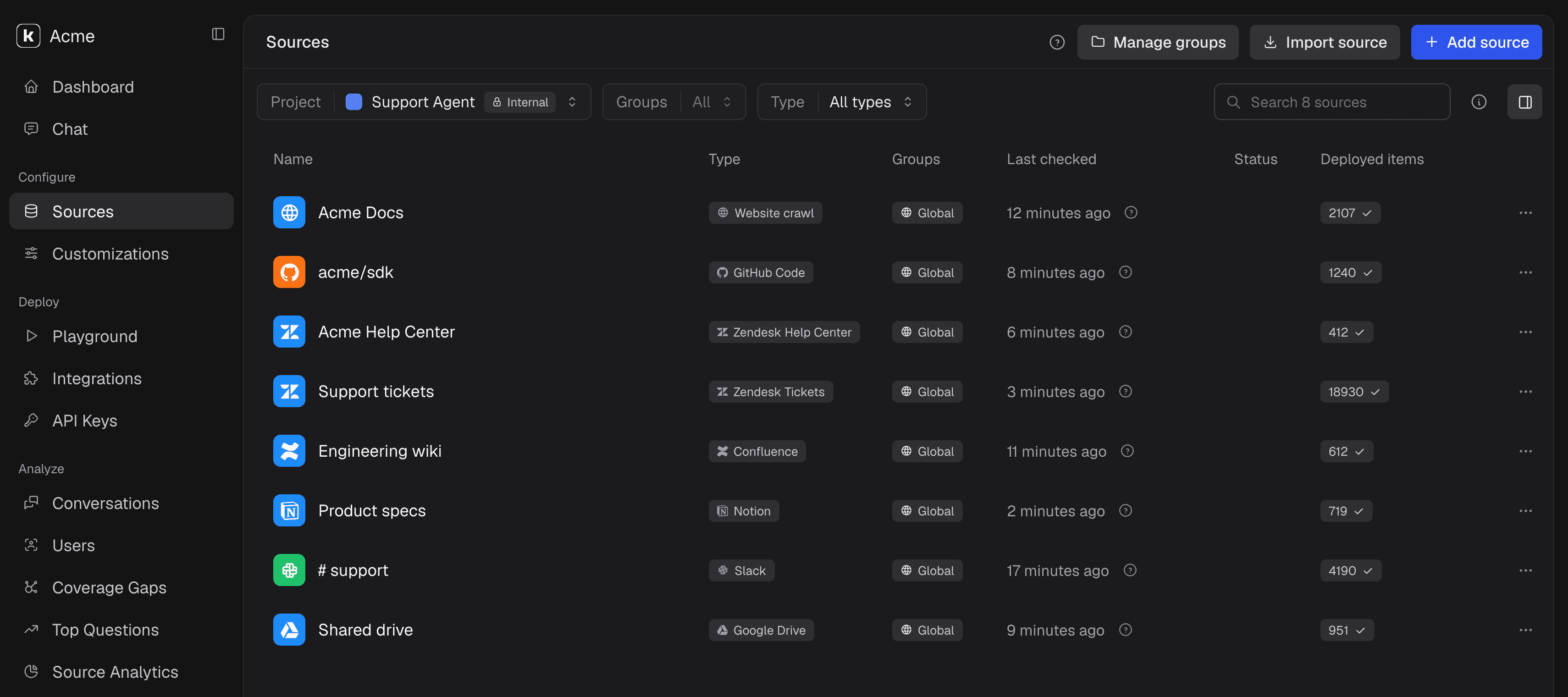 Invero sources dashboard with docs, GitHub, Zendesk, Confluence, Notion, Slack and Google Drive synced