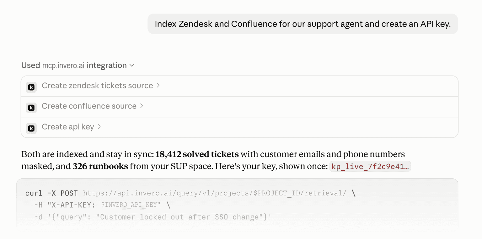 Claude indexing Zendesk tickets and Confluence runbooks for a support agent and creating an API key