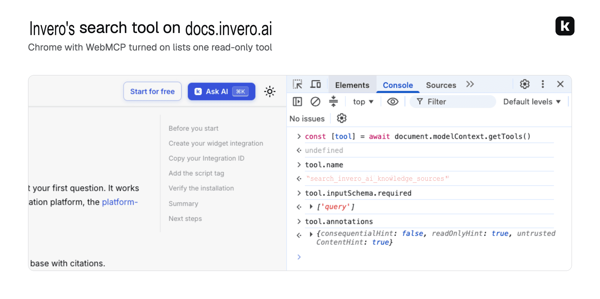Invero's search tool registered on docs.invero.ai, listed in Chrome DevTools